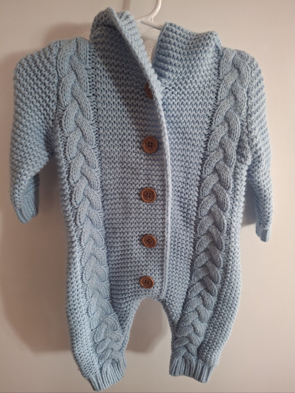 SHEIN Baby Blue Cable Knit Button-Up Cardigan Romper